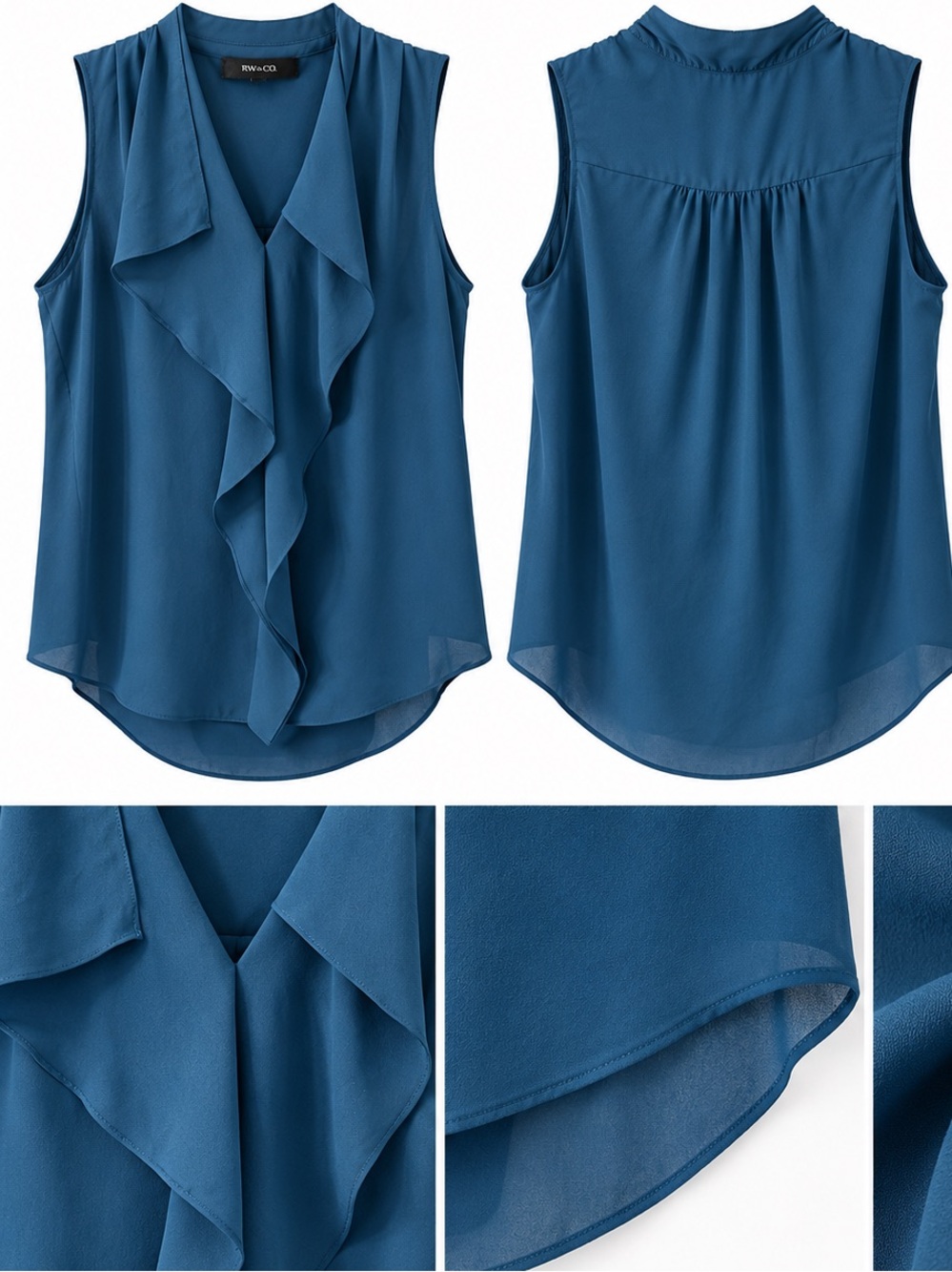 RW&CO. Teal Blue Ruffle V-Neck Sleeveless Blouse